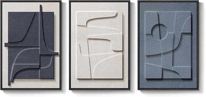 Large 3D Textured Framed Blue and White Abstract Wall Art for Living Room, 3 Piece Modern Artwork for Walls, Minimalist Navy Blue Geometric Paintings for Hallway, Stair, Office Wall Decor 24x36 In