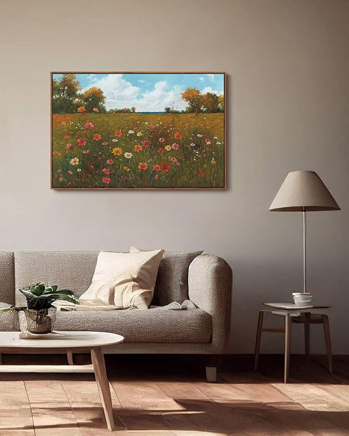 KISSFOX Vintage Landscape Framed Wall Art Autumn Farmhouse Wildflower Field Canvas Art Natural Fall Countryside Paintings Artwork Rustic Art Prints For Bedroom Bathroom Living Room