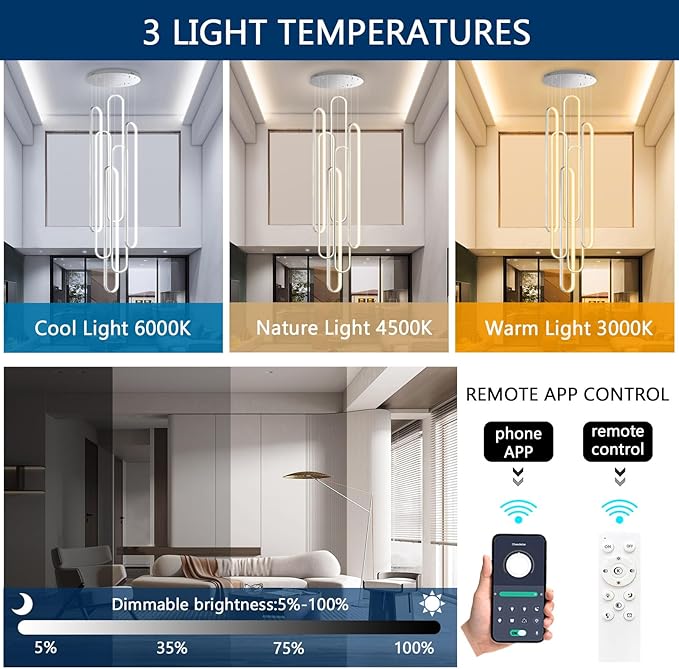 Modern Large Chandelier for Foyer 6 Rings LED Dimmable Silver Chandeliers High Ceiling Chandelier for Staircase Living Room Villa Sliver