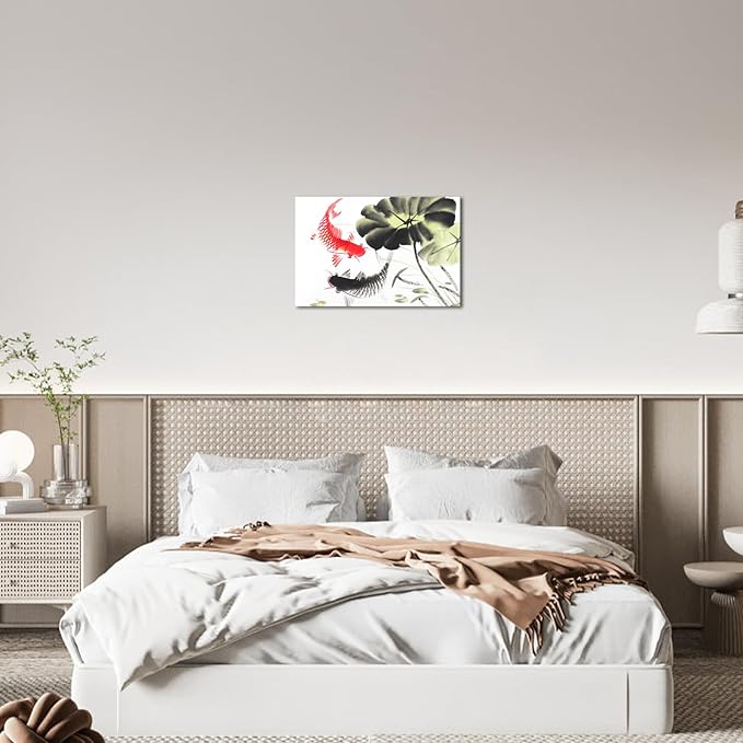 Canvbay Two Koi Fish Wall Art Asian Canvas Wall Art Traditional Chinese Ink Style Canvas Prints Feng Shui Lucky Carp in Lotus Leaves Pond Painting Pictures Oriental Poster for Home 24x36inch