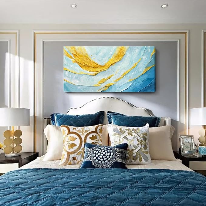 Nicetop Modern Large Abstract Wall Art – Blue and Yellow Flowing Lines Canvas Prints Contemporary Coastal Artwork Horizontal Decorative Wall Picture for Living Room Bedroom Home Office Decor 48x24 Inch