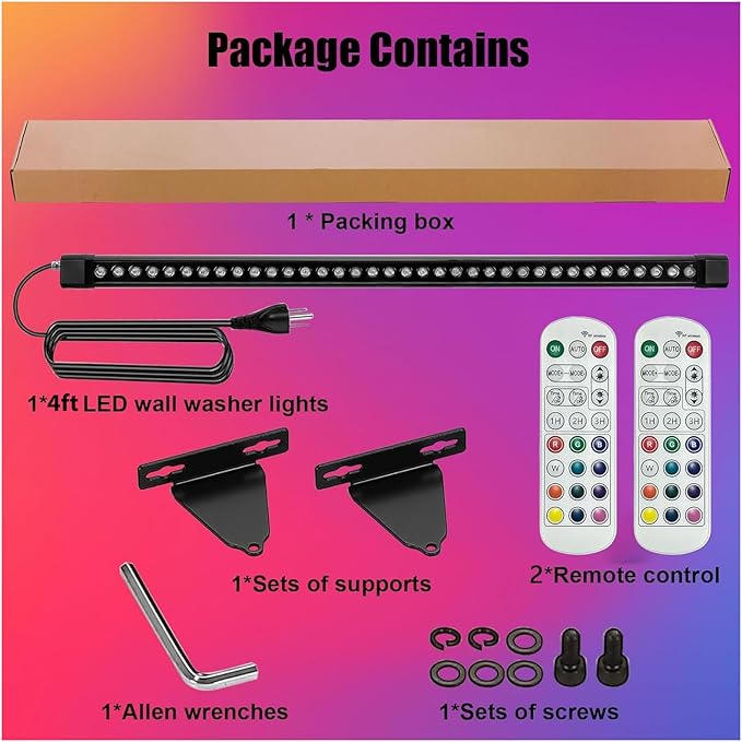 RGB Outdoor Wall Washer Light, 4FT 72W Dimmable LED Wall Washer Lights, 120V IP67 Waterproof Led Light Bar for Outdoor, with 2 Remote, Plug-in (1 Pack)