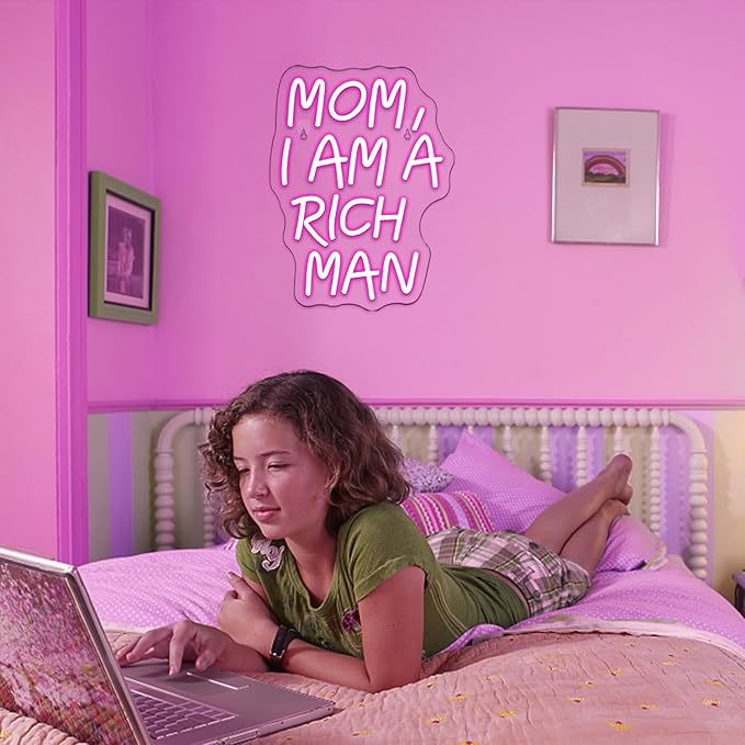 Lucunstar Mom I Am A Rich Man Neon Sign Pink Neon Signs for Wall Decor Pink LED Light for Bedroom Decor USB Connectivity Led Neon Signs for Home Boys Room Man Cave Gifts for Teens