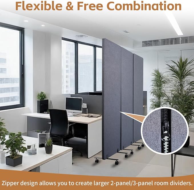 72 * 66in Freestanding Acoustic Room Divider, 3 Panel PET Polyester Soundproof Room Screen with Wheels, Portable Partition Divider for Office, Reception Room, School, Hospital