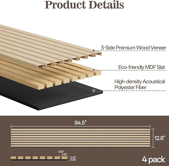 4 Pack Wood Panels for Wall, 94.4" x 12.6" Acoustic Wood Slat Wall Panel for Interior Decor & Noise Reduction, Soundproof Panel, Sound Absorbing 3D Textured Panels - Oak