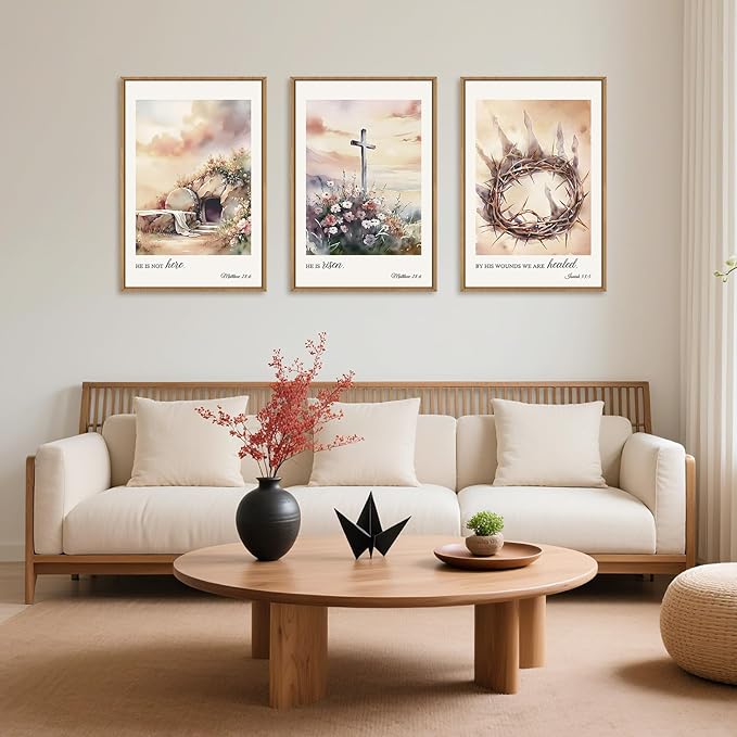 Ausril 3 Pcs Christian Cross Framed Wall Art Set, Jesus Empty Tomb Canvas Decor, Christian Religious Bible Painting, Jesus Crucifixion Risen Easter Print for Living Room, Bedroom, Church 24X36inch