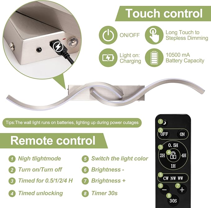 Modern Battery Operated Wall Sconces, Rechargeable Wall Sconces, 3000K-6500K LED Wireless Wall Light, Modern Wall Lamp not Hardwired for Living Room Bedroom Hallway (Nickel)