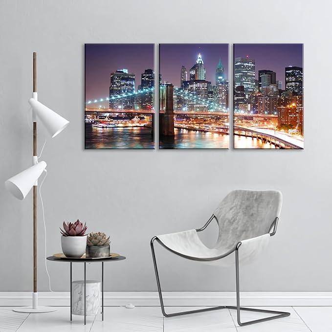 NAN Wind 3Pcs New York City Skyline Canvas Wall Art Brooklyn Bridge Night View Framed Wall Decor Blue Purple Manhattan Urban Cityscape Picture Canvas Artwork Modern Home Decor Living Room Office