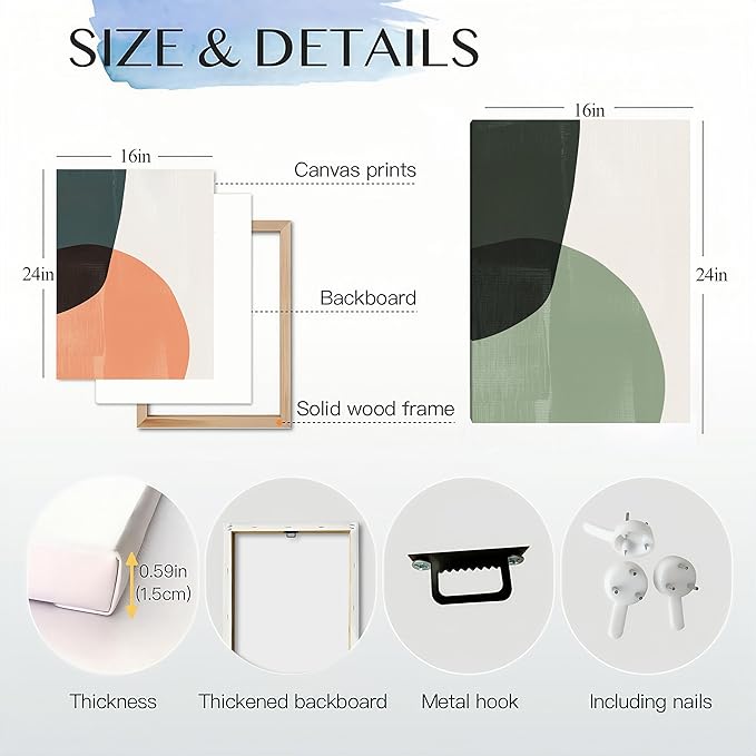 ouiytws Color block simple abstract wall art canvas printing, green, yellow, pink modern simple style, mostly used in the living room, study, bedroom decoration. Frame 16 x 24 x 3 pieces