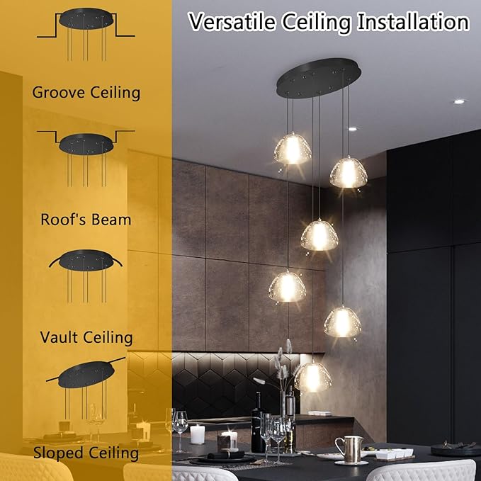 6-Lights Modern Crystal Chandelier for Entrance LED Pendant Light for Kitchen Island Foyer Living Room Bedroom Staircase 3000K