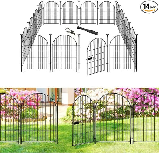 ADAVIN Garden Fence Animal Barrier with Gate 36 in(H)×30.6 Ft(L) 14 Panels,Rustproof Metal Wire Tall Fencing Border for Dogs Rabbits,Outdoor no dig pet Fences, Arched Black Flower Edging for Yard