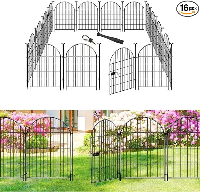 ADAVIN Garden Fence Animal Barrier with Gate 32 in(H)×35 Ft(L) 16 Panels,Rustproof Metal Wire Tall Fencing Border for Dogs Rabbits,Outdoor no dig pet Fences,Black Flower Edging for Yard,Arched