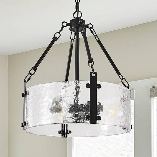 Black Dining Room Chandelier 16'' Modern Textured Glass Chandelier 3-Light Drum Crystal Light Fixture Vintage Farmhouse Round Hanging Lighting for Kitchen Island Over Table