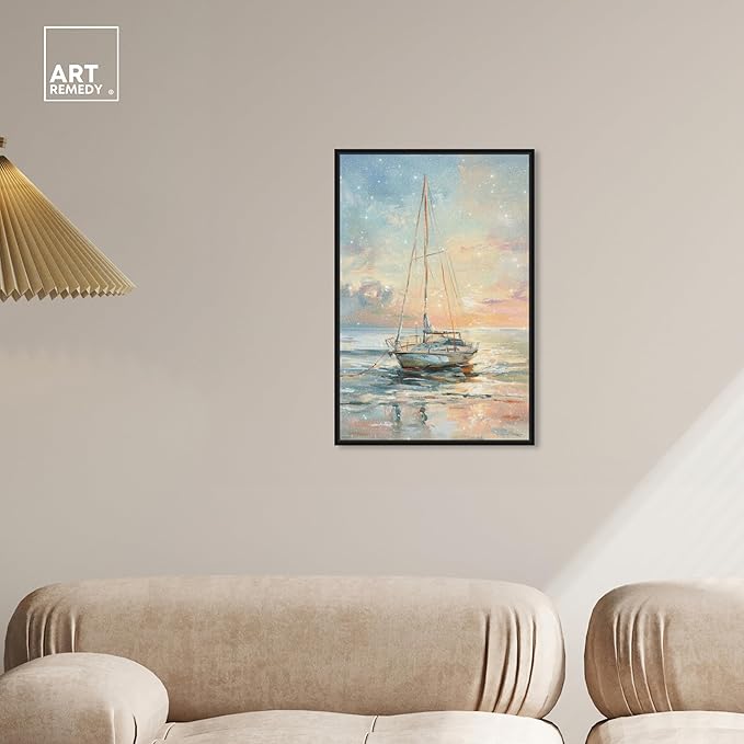 Art Remedy Boat On The Shore Framed Sailing 1 Piece Canvas Wall Art, 17" x 25", Black Frame
