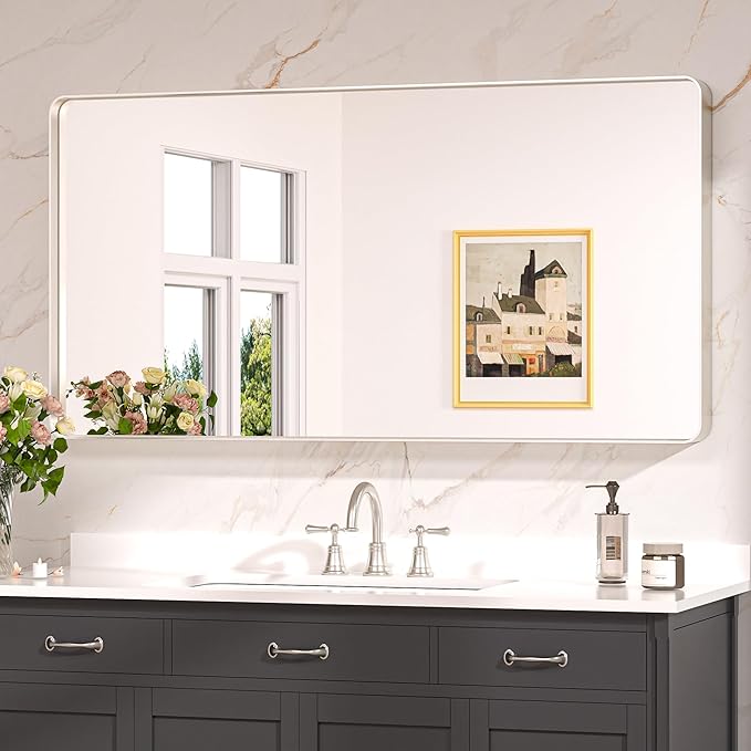 Keonjinn Brushed Nickel Mirror 48” x 24” Silver Bathroom Mirror for Over Sink, Rounded Rectangle Farmhouse Vanity Mirror, HD Tempered Glass, Metal Framed Full Length Wall Mirror(Horizontal/Vertical)
