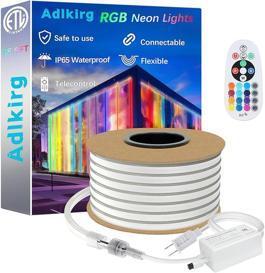 65.6ft RGB Led Rope Lights Commerial Grade Waterproof RGB Led Strip Lights with Remote, 110V 120V Plug-in Neon Strip Lights with Dimmable Power Adapter for Outdoor,Indoor Using