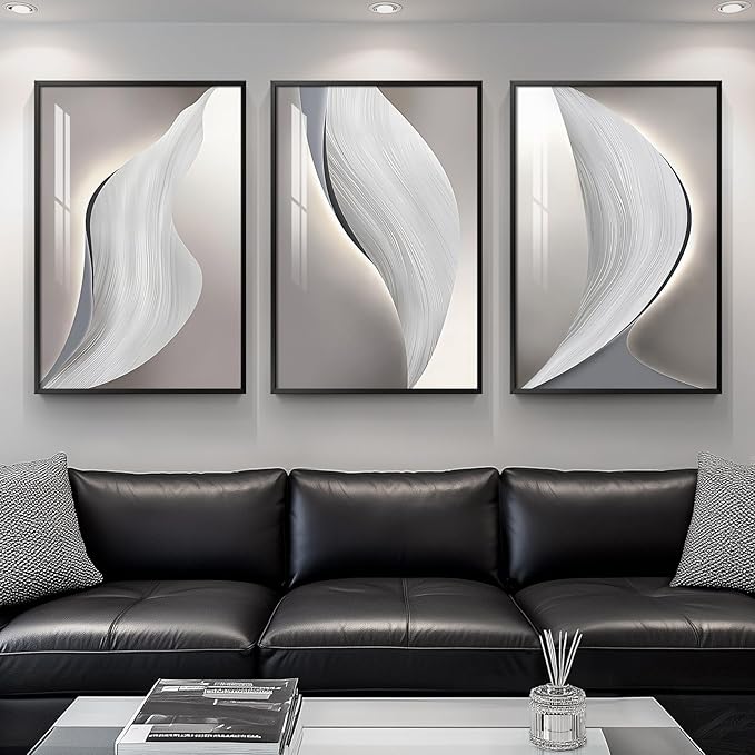 Large Framed Modern Wall Art for Living Room, 3 Piece Minimalist Abstract White and Grey Prints Wall Decor, Bright Style Artwork Paintings Pictures for Hallway Dining Office 24x36 Inch