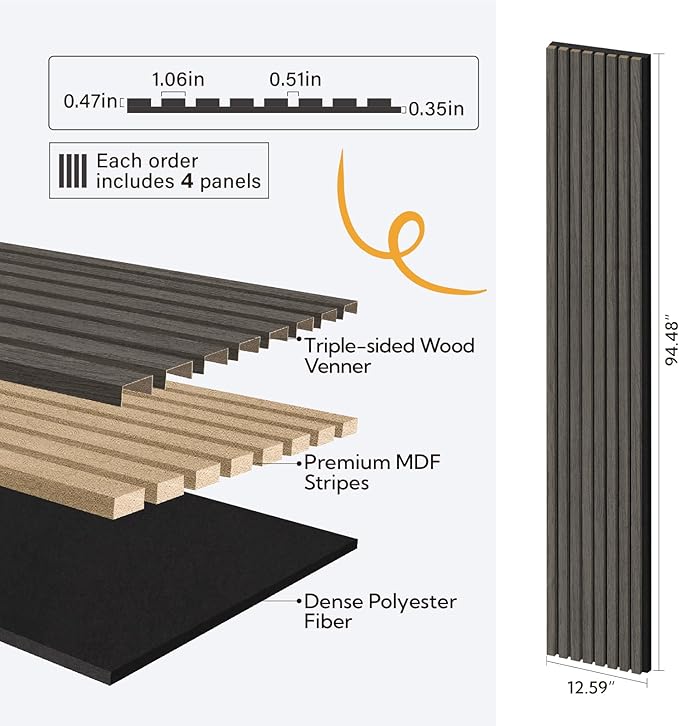 Olanglab Wood Slat Wall Panels 4 Pack, Wooden Acoustic Wall Panels, 94.5"x12.6" Each 3D Wall Panels for Interior Wall Decor (Black-Extendo Trio)
