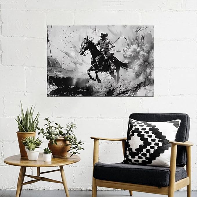 Black and White Western Cowboy Pictures Wall Decor for Bedroom Living Room Office Home Decortion Prints Framed(24L x 32W)