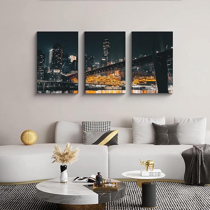 NAN Wind 3PCS Chongqing City Nightscape Canvas Wall Art Illuminated Chinese Skyline with Bridge Skyscrapers Modern Urban Landscape Photography Print for Living Room Office Bedroom Decor