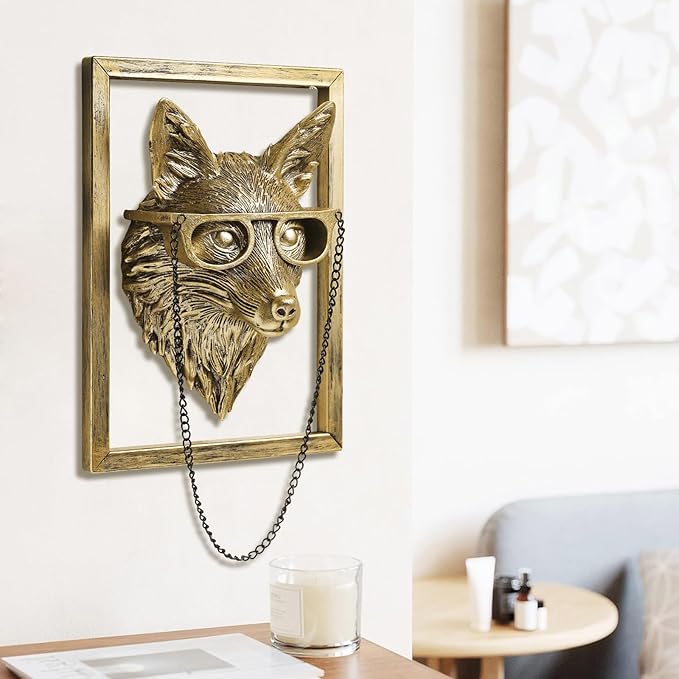 Newinhome Animal Heads Wall Decoration (Gift Metal Frame) Resin Animals Sculptures Head Wall Hanging Decor Gold vintage Wall Sculpture for Living Room Bedroom Office(Fox)