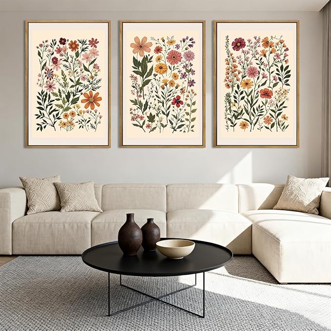 BINCUE Neutral Framed Wildflower Wall Art Set of 3 Colorful Floral Wall Decor Vintage Flower Art Prints Set of 3 for Living Room Bedroom Bathroom 16x24 Inches
