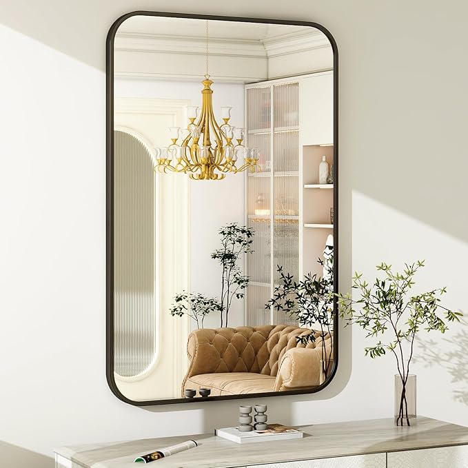 30 x 40 Inch Bathroom Mirror, Rounded Rectangular Vanity Mirror for Wall, Modern Mirror for Room Decor, Black Framed Wall-Mounted Mirrors for Home Decor, Hangs Horizontally or Vertically