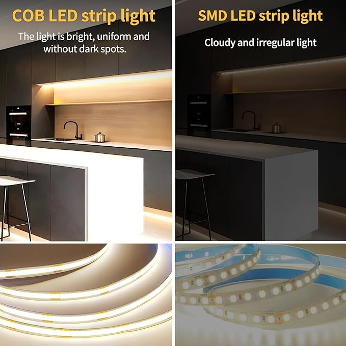 50 FT COB LED Strip Lights 3000K Warm White Dimmable DC 24V Flexible LED Tape Light for Bedroom, with Remote and app Control LED Light Strip,for DIY Home Decoration