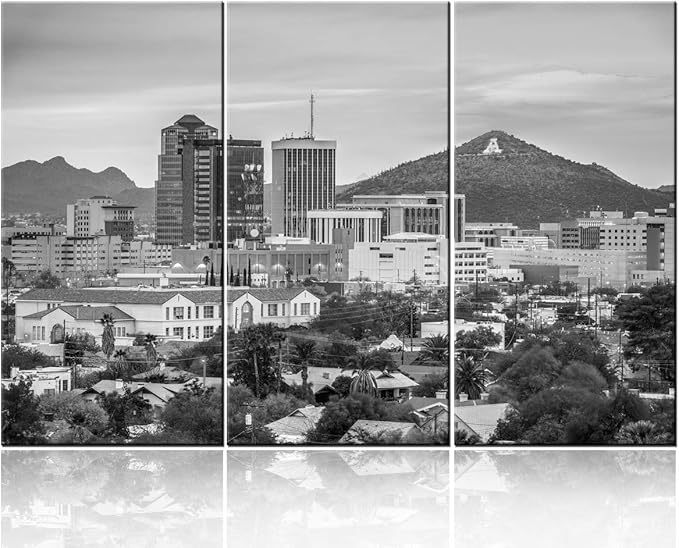 Black and White City Landscape Wall Art Tucson, Arizona, USA Downtown Skyline with Sentinel Peak Canvas Prints Picture 3 Piece Modern Romantic Themed Artwork for Bedroom Bathroom Photo Wall Display