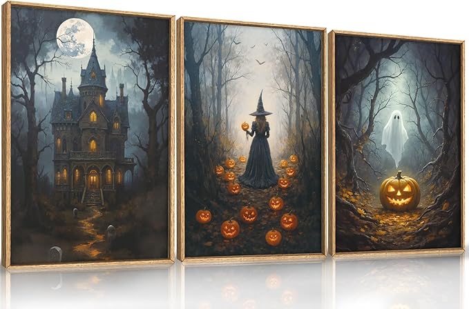 Ausril Halloween Moon Castle Framed Canvas Wall Art Set, Scary Dark Forest Witch Wall Decor, Cute Ghost Wall Painting, Pumpkin and Bats Art Prints for Gothic Party, living room, Club -24"x36"x3