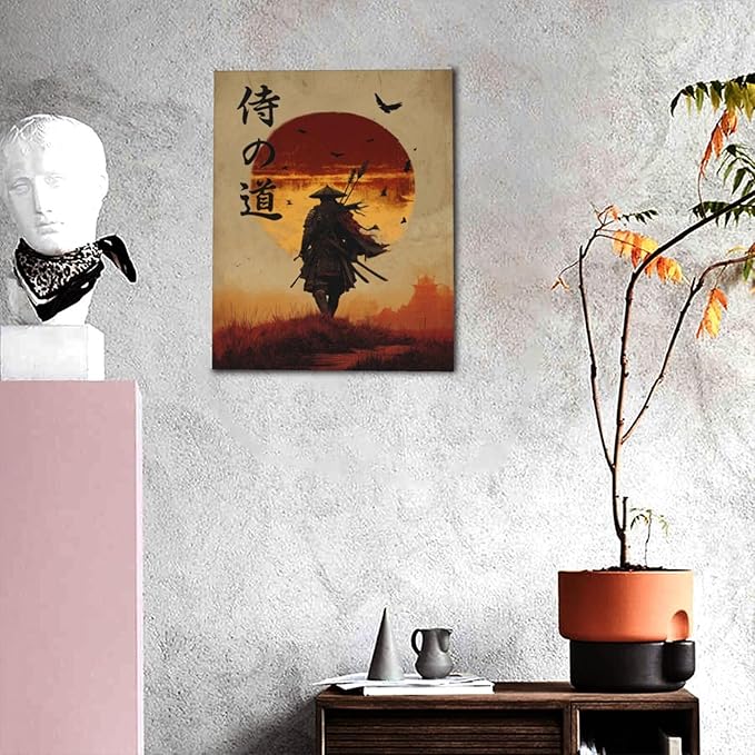 Japanese Samurai Wall Art Oriental Asian Bushido Wall Decor Warrior Figure Canvas Pictures Paintings Prints Japan Traditional Aesthetic Artwork Framed Decorations For Bedroom Living Room Office Gifts 16" x 20"