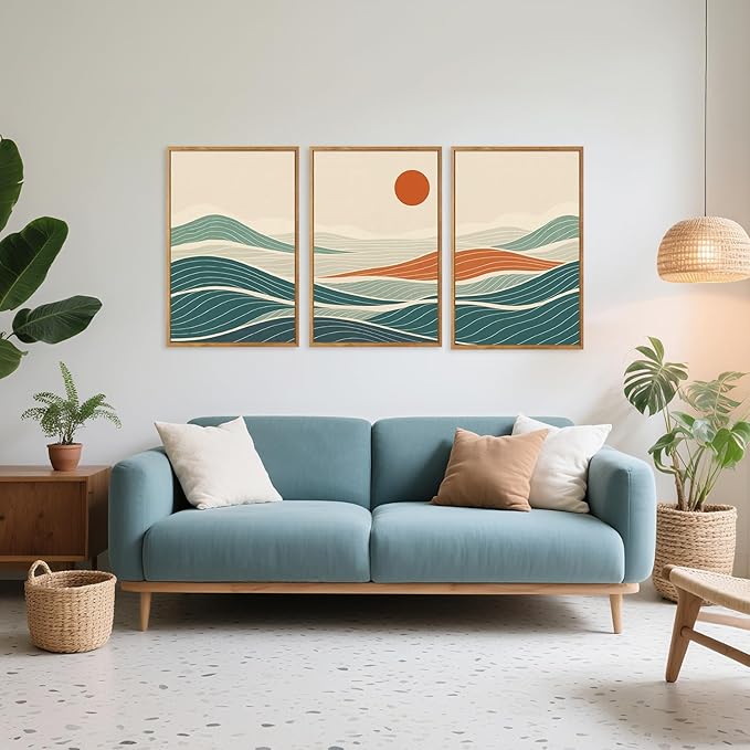 CHDITB Coastal Wave Framed Canvas Wall Art Set, Panoramic Minimalist Sea Wall Decor, Sun Ocean Waves Line Art Wall Painting, Modern Blue Art Prints for Living Room, Beach House Decor 16"x24"x3