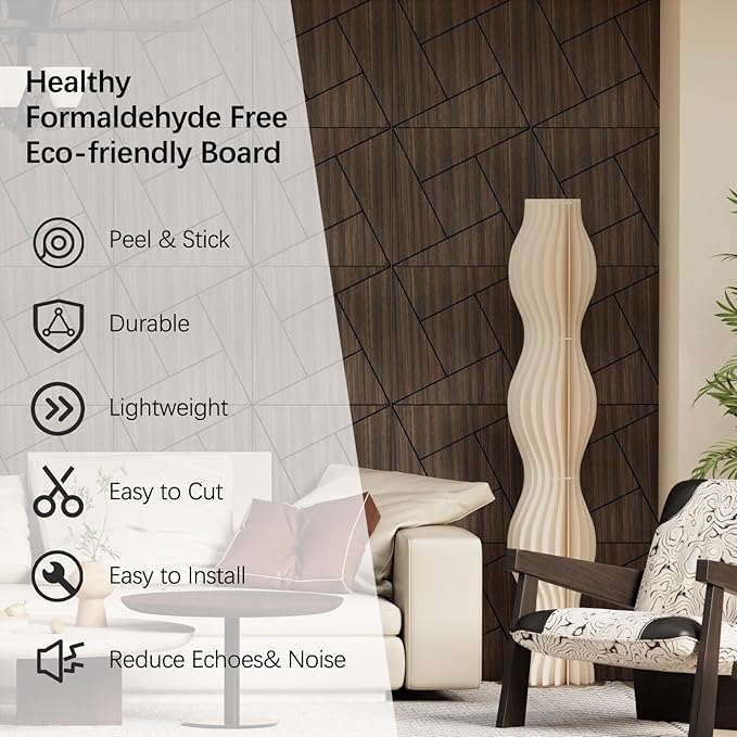 4 Packs Acoustic Wall Panels - Self-Adhesive 3D Wood Slat Wall Panel- Peel and Stick Sound Absorbing Panels for Noise Reducing - Feature Wall Decor for Home & Office