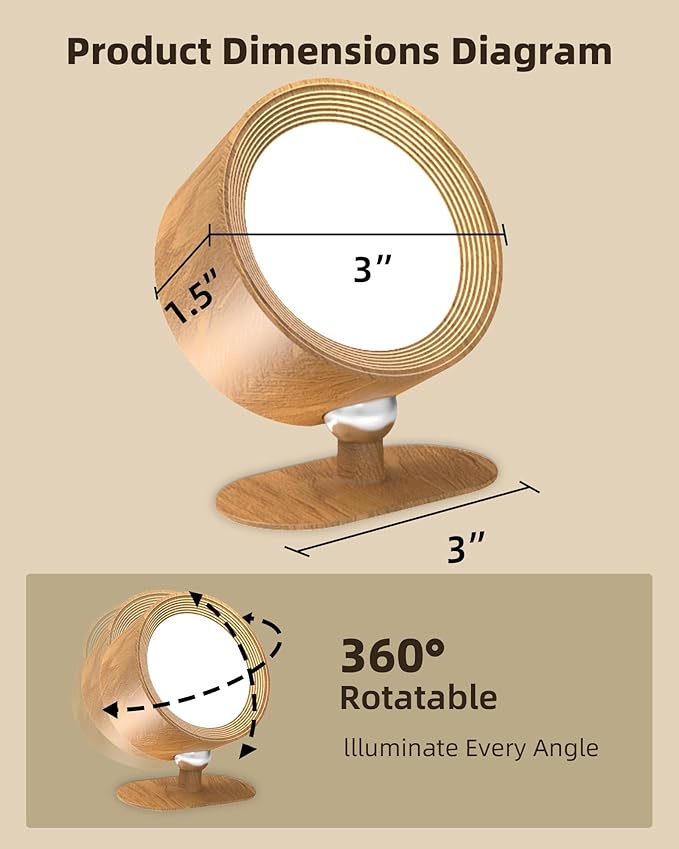 LED Wall Mounted Lights, Rechargeable Wall Sconces Lamp, 3 Color Temps & Remote and Touch, 360°Rotation Dimmable Cordless Wall Light for Study Bedroom Reading Bedside(Wood, 1 Pack)