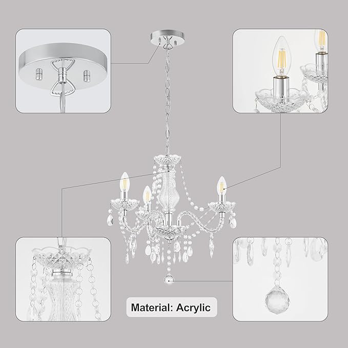 Luvkczc Chandeliers for Dining Room, 3-Light Acrylic Ceiling Light Adjustable Chain&E12 Base Pendant Light for Bedroom, Dining Room, Living Room