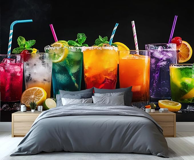 3D Cocktails Mural Wallpaper, Miami Cocktails Murals, Modern Stylish Wall Art Murals Wallpaper for Living Room Bedroom Home Decor Mural - 55" W x 28" H (Not Peel Stick)