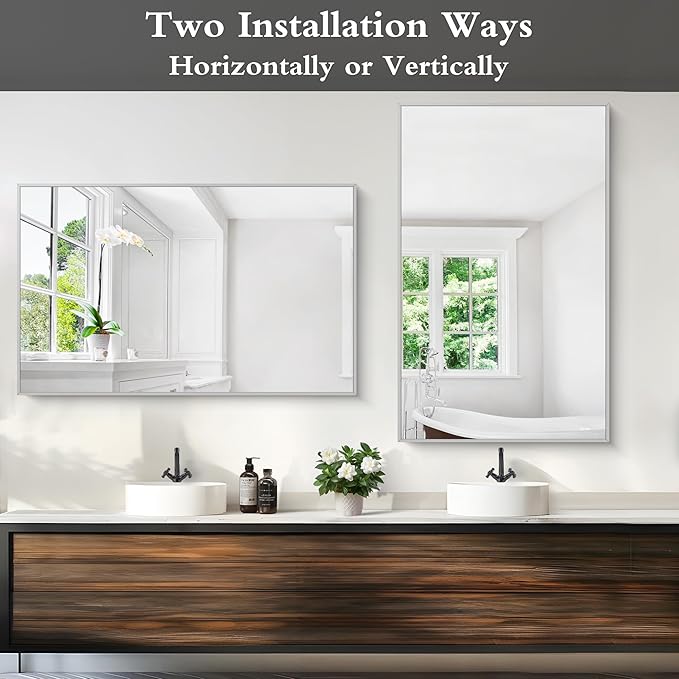 KOCUUY Silver Bathroom Mirror, 48"x30" Rectangle Bathroom Mirror for Wall, HD Tempered Glass, Anti-Rust Brushed Silver Frame, Modern Design for Bathroom, Bedroom, Living Room, Entryway.