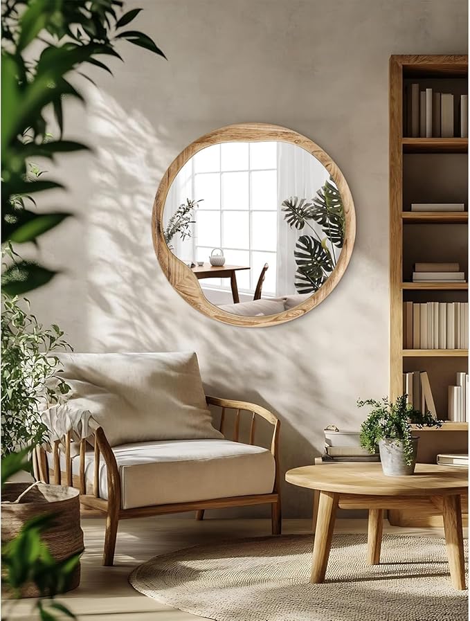 AOAOPQ Bedroom Unique Vanity Mirror Shaped Dressing Mirror 28" Beige Round Drum Wood Mirror for for Wall Entryway Living Room Frame for Home Decor