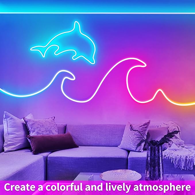 50ft RGB LED neon Rope Lights LED neon Lights with Remote Control/APP Control IP65 Waterproof Flexible Neon LED Strip Lights for Bedroom Room Outdoors Décor