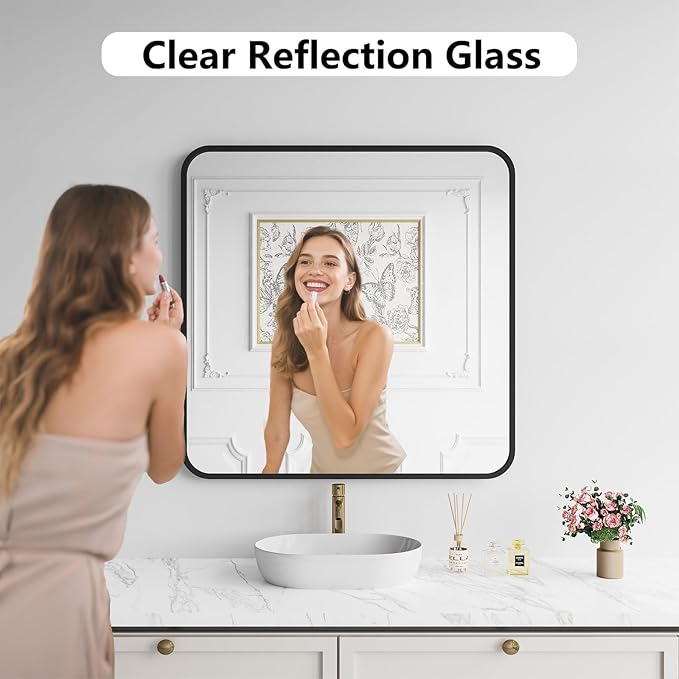 Koonmi Bathroom Mirror, 36X36 Inch Black Metal Framed Mirror for Bathroom, Tempered Glass, Anti-Rust, Rounded Rectangle Mirror for Restroom, Bedroom, Black