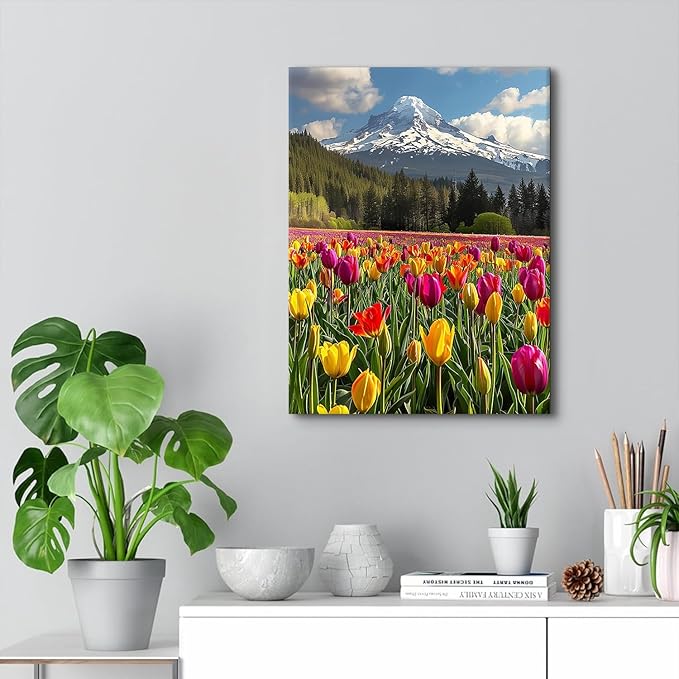 Mt Hood Mountain Wall Art Yellow Flowers Wall Decor Snow Mountains Landscape Canvas Prints Tulips Flower Field Scenery Pictures Nature Forest Artwork for Bedroom Living Room Home Decoration 12x16"