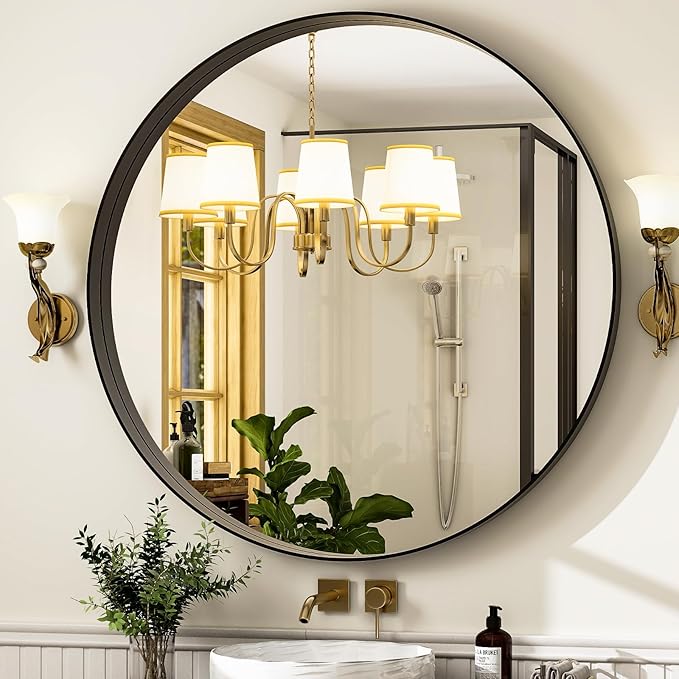 32 Inch Round Bathroom Mirror - Wall Mounted Circle Mirror with Metal Frame, Modern Home Suitable for Bathroom, Vanity, Entryway, Living Room, Wall Decor,Black