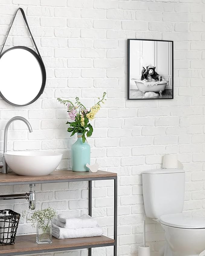 KBKBART Framed Canvas Wall Art, 12x16 Inch Funny Canvas Chimpanzee in Bathtub Bathroom Picture, Black and White Bathroom Wall Art Decor, Cute Humor Animals Wall Decor Signs