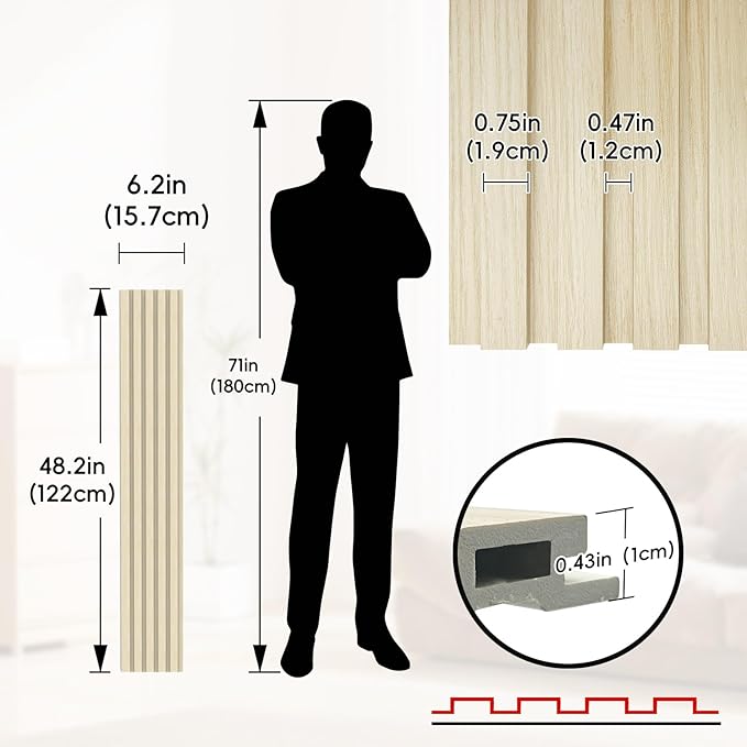 18Pack WPC Wainscoting Panels, 48.2 x 6.2 Inches 3D Accent Wall Panels for Interior Wall Decor, Fluted Wood Paneling for Living Room, TV Background, Office, Bedroom(Oak)