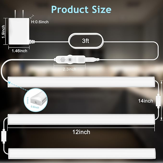 maylit Under Cabinet Lights Plug in, 3 Pcs 12 Inch Multi-Color Under Cabinet Lighting, Bright Under Counter Lights for Kitchen, Ultra Thin Dimmable Light for Cabinet, Counter, Workbench, Desk