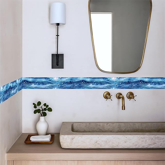 Blue Galaxy Wallpaper Border 196x4 Inch Peel and Stick Wall Border Self Adhesive Cosmic Starry Sky Removable Vinyl Trim for Living Room Bedroom Bathroom Kitchen Cabinet Decoration