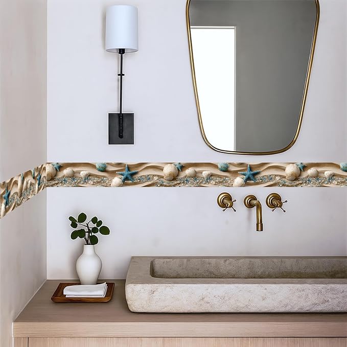 Beach Seashell Wallpaper Border 196x4 Inch Peel and Stick Wall Border Self Adhesive Ocean Starfish Removable Vinyl Trim for Living Room Bedroom Bathroom Kitchen Cabinet Decoration