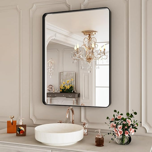 Black Bathroom Vanity Mirror 28x36 Inch,Rounded Rectangle Matte Black Mirror for Bathroom Wall,Tempered Glass,Horizontal or Vertical