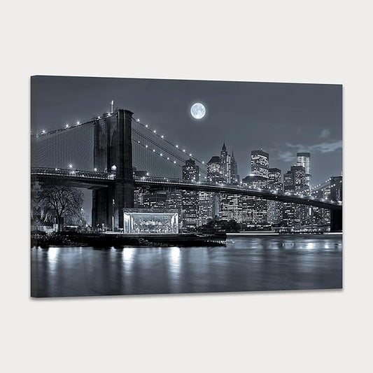 SKASNFAI New York City Canvas Wall Art Brooklyn Bridge Pictures Cityscape Artwork for Home Office Wall Decor Black and White Skyline Posters Prints Framed (16L x 24W)
