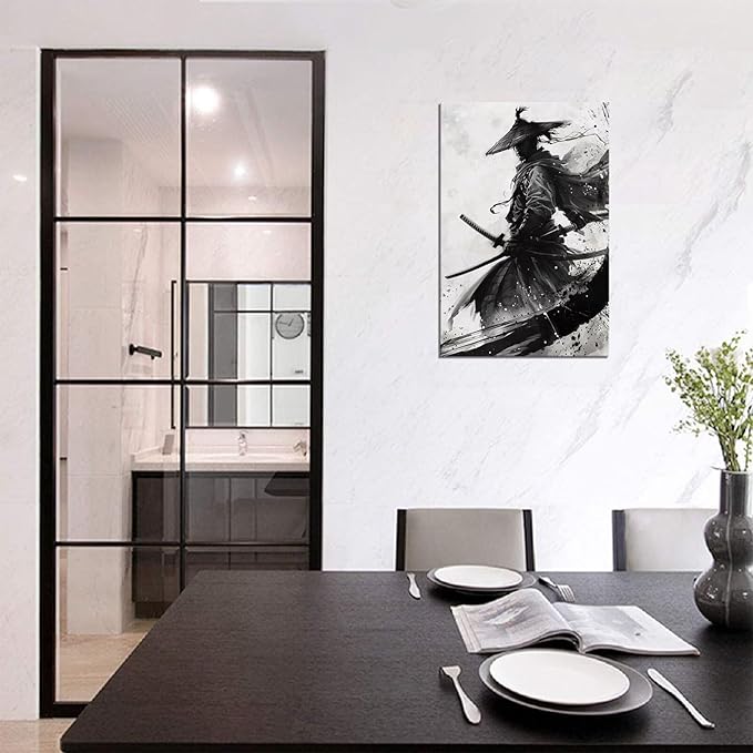 Black and White Warrior Wall Decor Japanese Samurai Wall Art Prints Vintage Japanese Cultural Samurai Pictures Canvas Painting Framed for Living Room Bathroom Bedroom Office (28''W x 44''H)